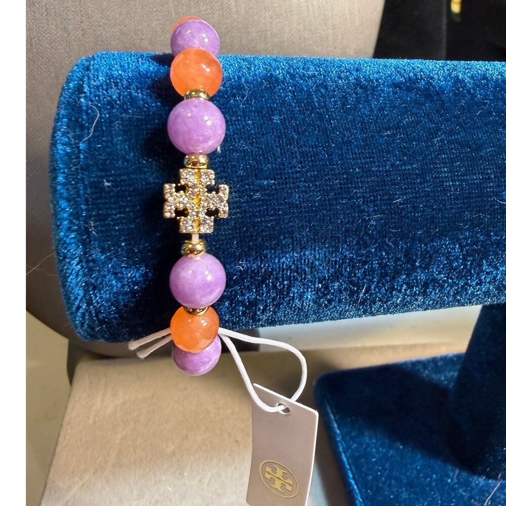 Tory Burch Gold Logo Beaded Stretch Bracelet Purple Orange 16–19cm RARE NWT